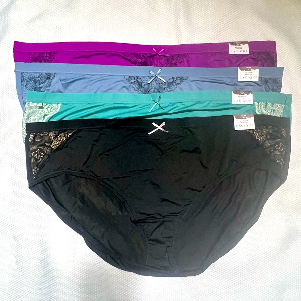 4 Pairs Cacique Lane Bryant No-Show Hipster Panties Lace Bow Accents Size 30/32